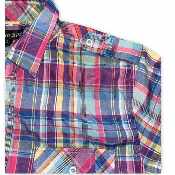 Red Ape Shirt Men's 2XL Short Sleeve Button Up Multicolor Plaid Pocket Casual - Picture 2 of 5